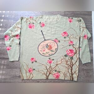 Yesno Cotton Wool Crewneck Sweater Bird Roses Lightweight Soft Cozy Pastel